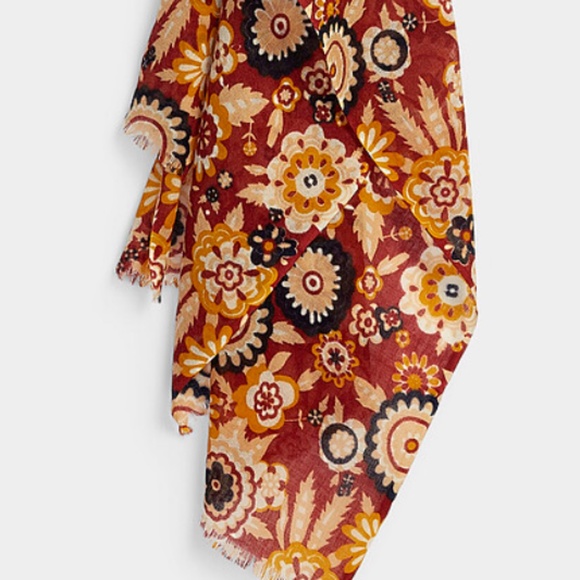 Unisex burgundy and cream floral lightweight pure wool scarf NWT - Picture 8 of 8